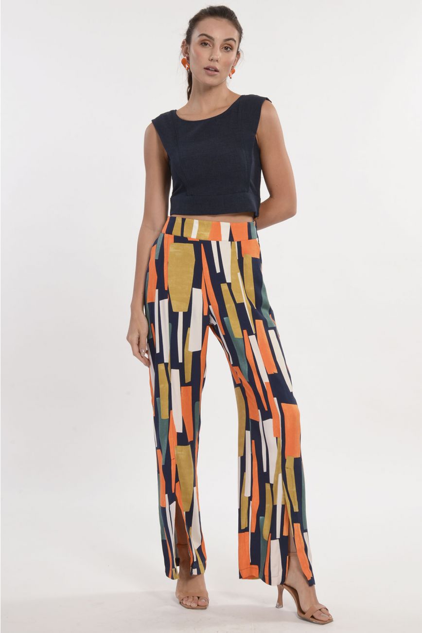 Calça pantalona hot sale com fenda estampada